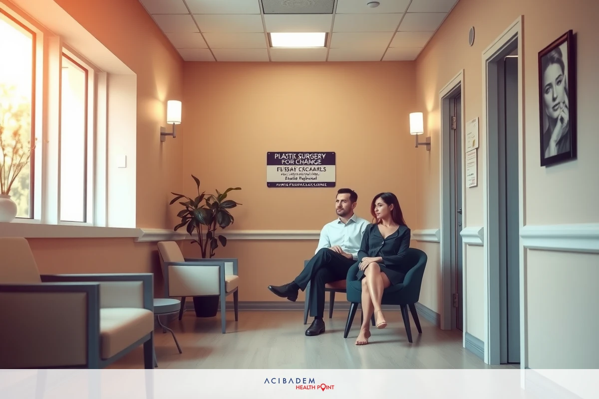 The image shows a couple seated in an office waiting area. The man is wearing a suit and the woman is sitting beside him, both are engaged in conversation. The room has a neutral color scheme with beige walls and a window that lets in natural light.