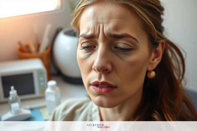 The image shows a woman in what appears to be an office setting. She is seated and looking down with a concerned expression on her face, which may suggest she's experiencing stress or discomfort. The surroundings include medical equipment such as a blood pressure monitor and various items that are typically found in an office environment like a desk lamp and papers.