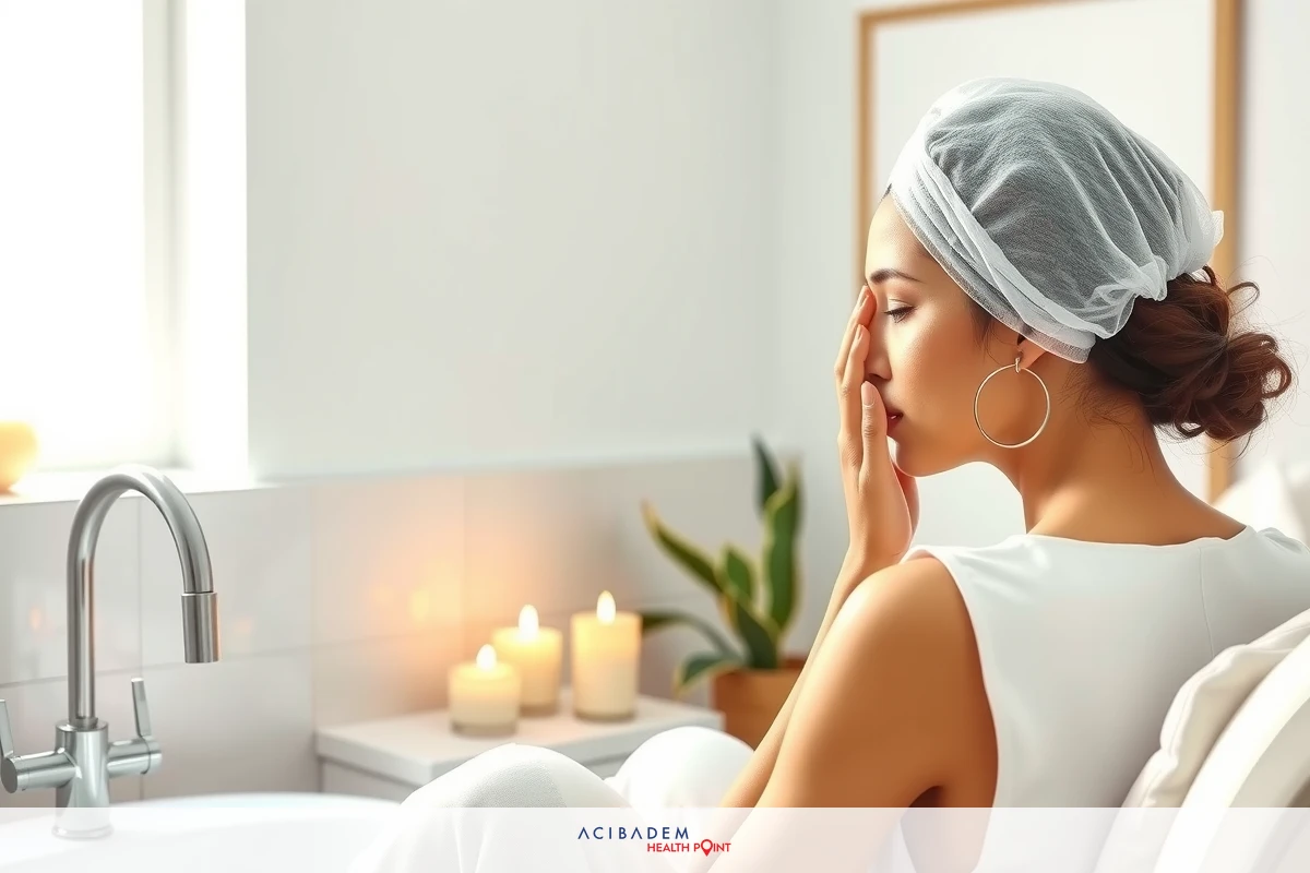 The image features a woman in a bathroom, seated comfortably with her head back. She is wearing a white robe and has a cloth on her hair. In front of her is a sink with a faucet visible to the left. There are candles lit around the room, suggesting a relaxing atmosphere. The lighting in the bathroom appears soft and warm, creating a peaceful setting.