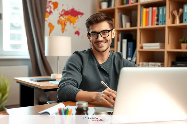 Man smiling at laptop in office, wearing glasses. Desk with books and plants. Office setting with bright lighting.