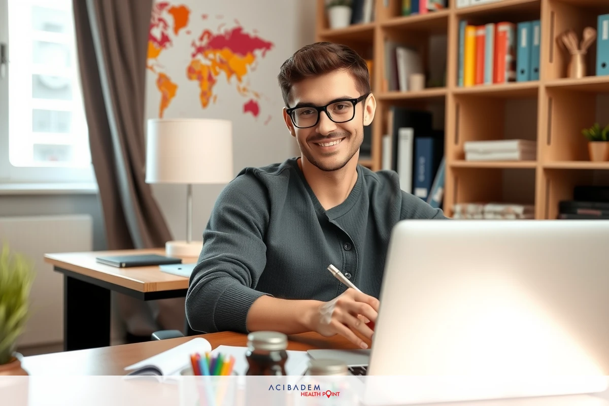 Man smiling at laptop in office, wearing glasses. Desk with books and plants. Office setting with bright lighting.