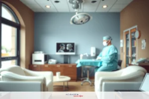 The image displays a modern dental office environment. A professional in blue surgical attire is seated at the dentist's chair, with a computer monitor showing an X-ray behind them. The room has a contemporary design with white and grey tones, equipped with medical devices such as a stainless steel table, sink, and various tools visible on counters. A large window allows natural light to brighten the space.