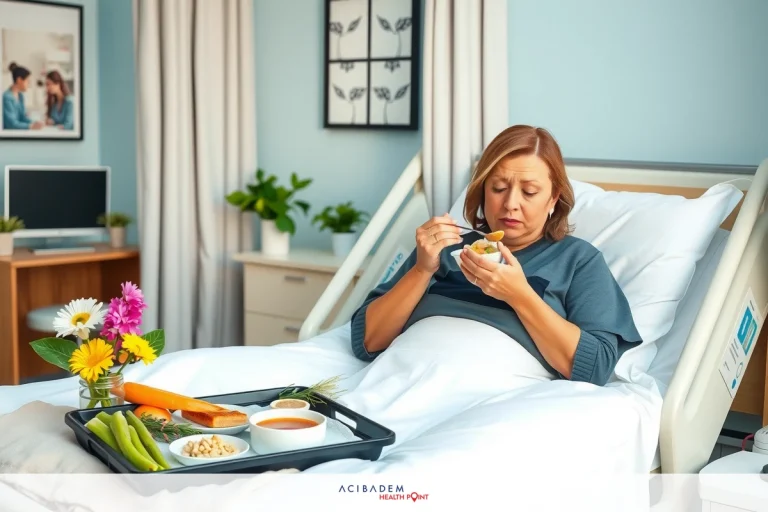When Can I Eat Normally After Rhinoplasty? The image depicts a woman in a hospital bed, eating a meal. She has her feet elevated on pillows and is holding a spoon in one hand. The tray in front of her contains soup, carrots, and broccoli. Her expression seems to be one of slight discomfort or concern. The environment suggests a healthcare setting with a clinical, sterile ambiance.