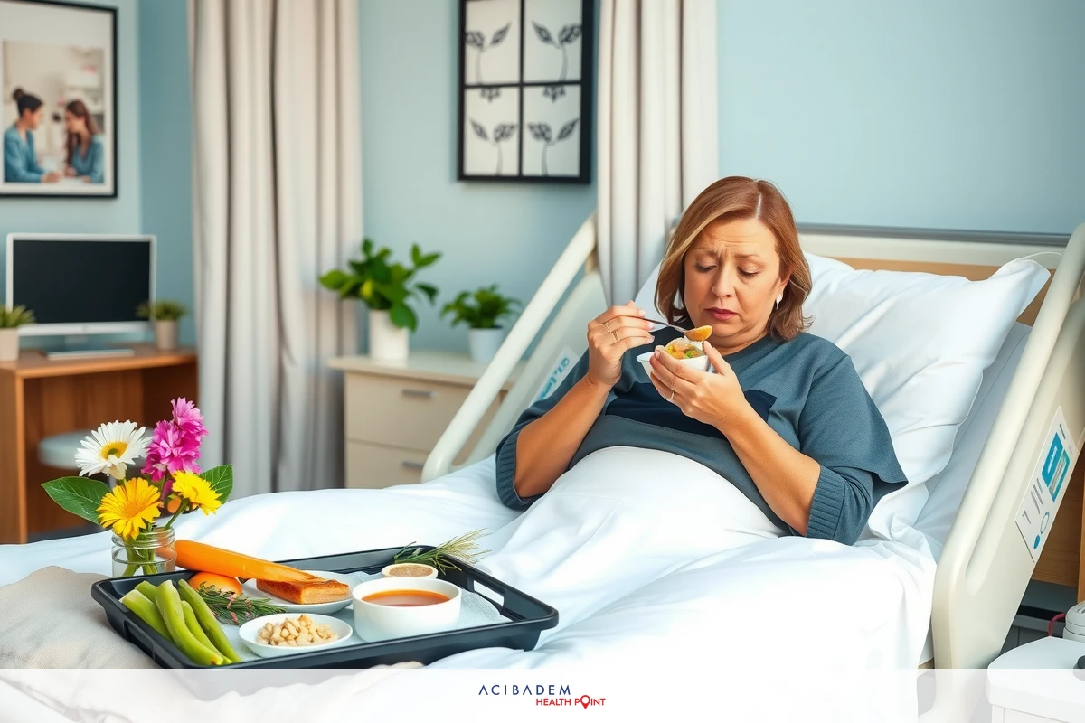 The image depicts a woman in a hospital bed, eating a meal. She has her feet elevated on pillows and is holding a spoon in one hand. The tray in front of her contains soup, carrots, and broccoli. Her expression seems to be one of slight discomfort or concern. The environment suggests a healthcare setting with a clinical, sterile ambiance.