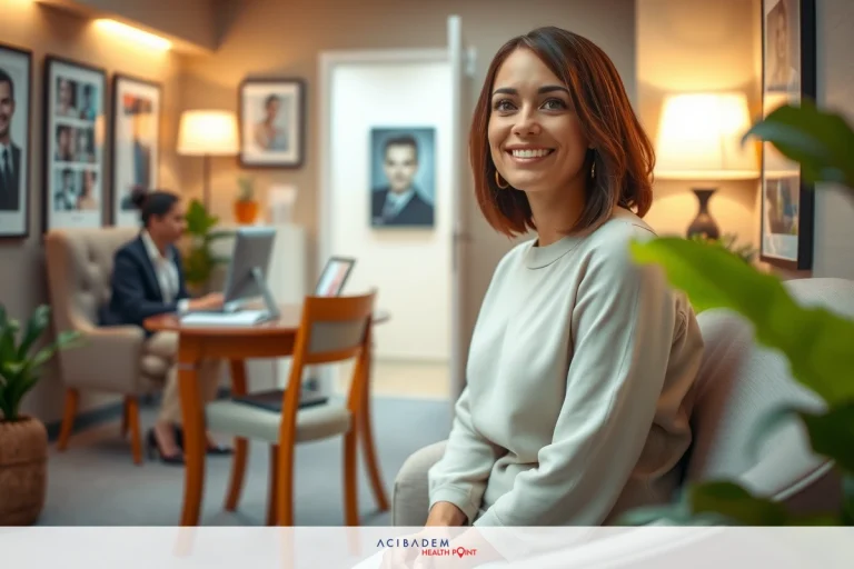 What is The Cost of Rhinoplasty A woman sitting in a modern office environment, smiling at the camera. She is wearing professional business attire and is located near other offices with framed pictures on the wall.