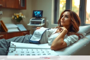 A young woman in a hospital bed, resting with her hand on her chin. She's surrounded by medical equipment like an IV drip and a heart monitor. The room has a window providing natural light. The focus of the image is on her contemplative expression.