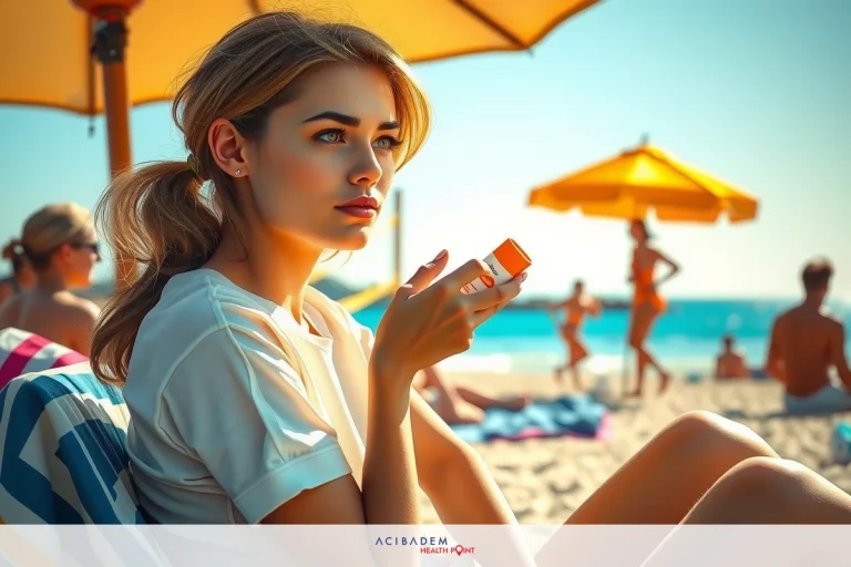 The image features a young woman relaxing on a beach. She is seated on the sand, with her legs stretched out in front of her. The sun is shining brightly, casting a warm glow over the scene. In the background, there are other people enjoying their day at the beach as well. The colors in the image include the blue of the sky and sea, the tan of the sand, and the vibrant beach umbrellas providing shade. The overall atmosphere is one of leisure and enjoyment.