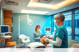 The image depicts a dental or medical office setting with two professionals in surgical attire, one appearing to be an anesthesiologist preparing a patient for procedures. The environment is clean and well-lit, suggesting a sterile workspace.