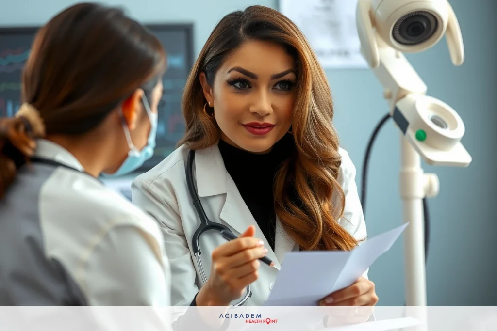Where Are The Best Rhinoplasty Surgeons Two female doctors in a medical office, one dressed in white medical uniform, the other wearing business attire with a ponytail. They are engaged in a professional conversation. A stethoscope and medical documents on the counter.