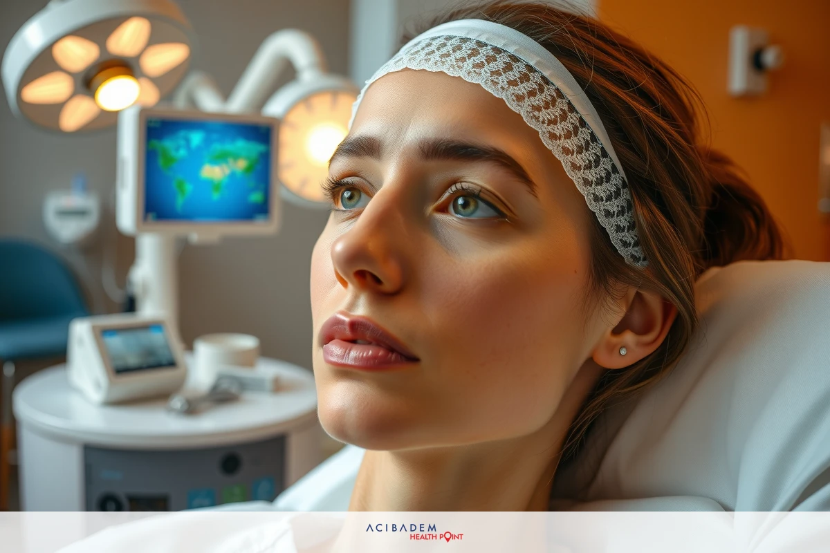 Woman lying in hospital bed with a medical headband, looking forward. A clinical environment with examination equipment and monitors.