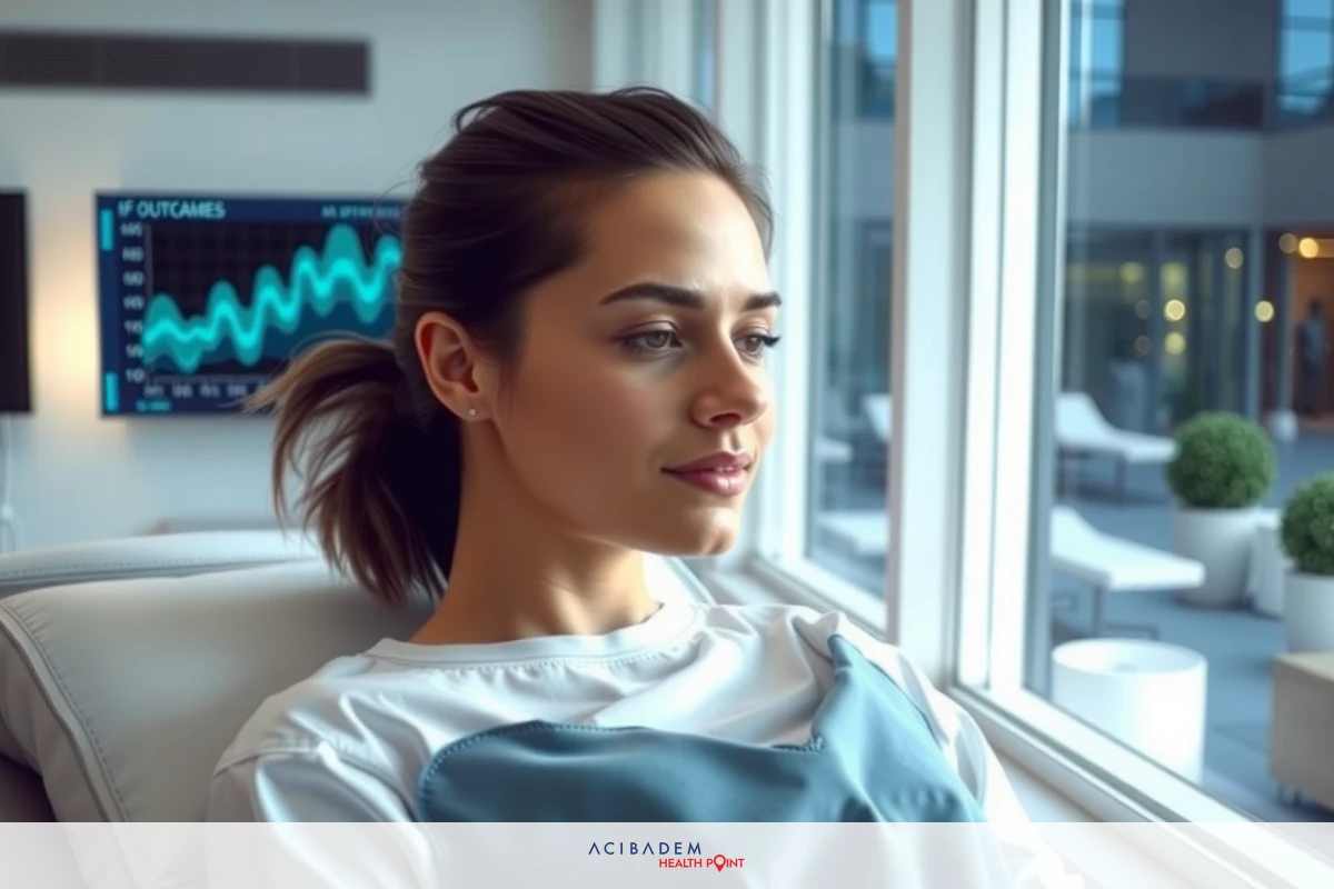 The image shows a woman seated in what appears to be a medical or wellness setting. She is wearing a white top and has a neutral expression on her face. The environment suggests a clean, clinical atmosphere with natural light coming through the window, which implies an indoor space. There are no overtly identifiable brands or text visible in the image.
