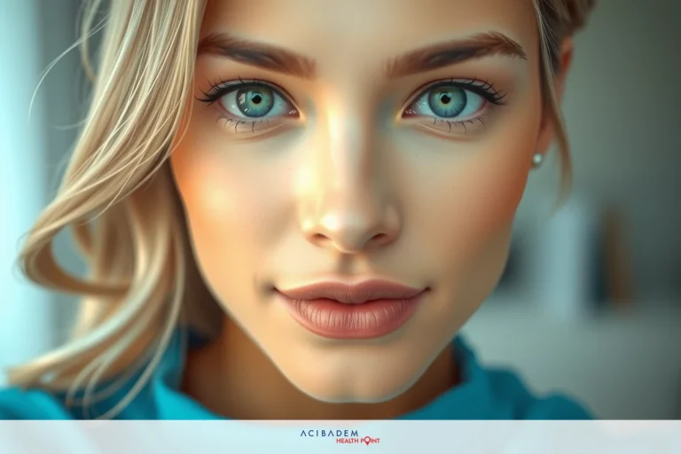 Can Rhinoplasty Change Your Eyes? Close-up portrait of woman with blue eyes, blonde hair and a neutral expression. She is wearing light makeup and has a subtle smile.