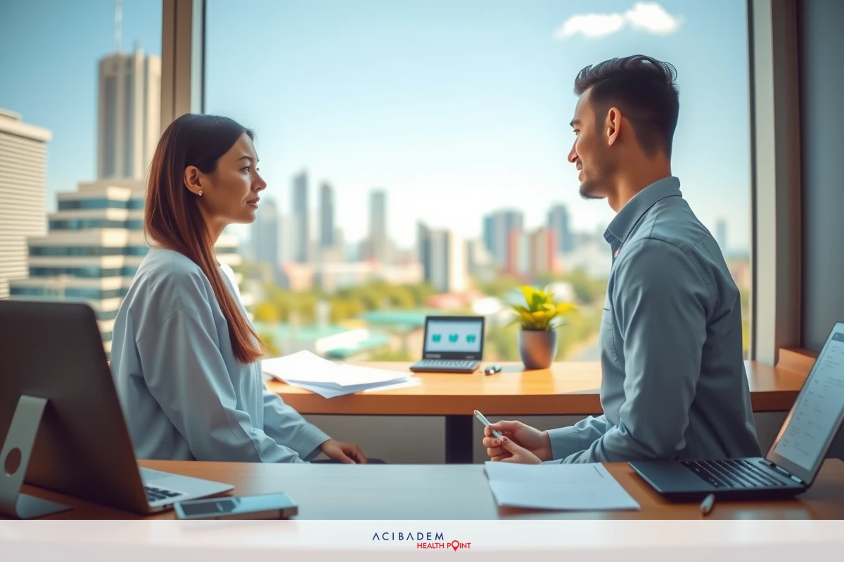 The image shows two professionals in a modern office environment. A woman and a man are seated opposite each other at a desk, engaged in what appears to be a business discussion. The office has large windows offering a view of a city skyline. On the desk, there's a laptop open, suggesting a work-related context. Both individuals are dressed in business attire.