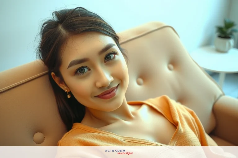A young woman sits on a brown leather chair, smiling at the camera. She is dressed in an orange blouse and has long hair. Behind her is a well-lit room with green plants.