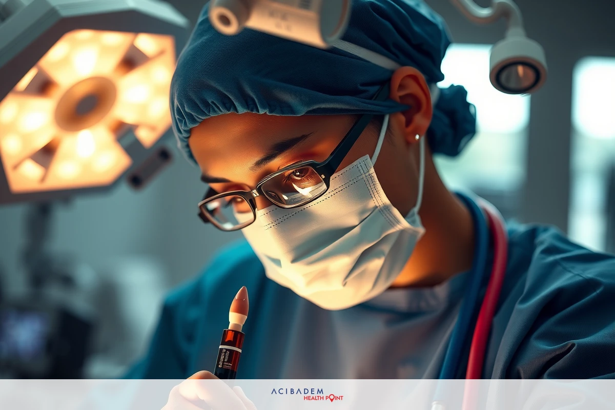 The image shows a surgeon in the operating room, focused on their task. The environment is sterile and professional, with surgical equipment in the background.