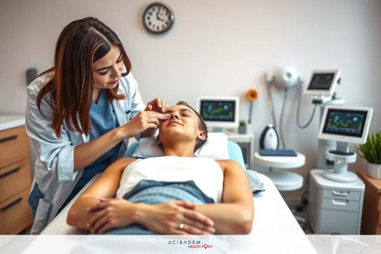 The image shows a healthcare professional, likely a doctor or nurse, performing what appears to be an eye examination on a patient. The setting is likely in a medical clinic or hospital. The focus of the scene is on the interaction between the two individuals and the examination tools, such as an ophthalmoscope, which are commonly used for eye exams.