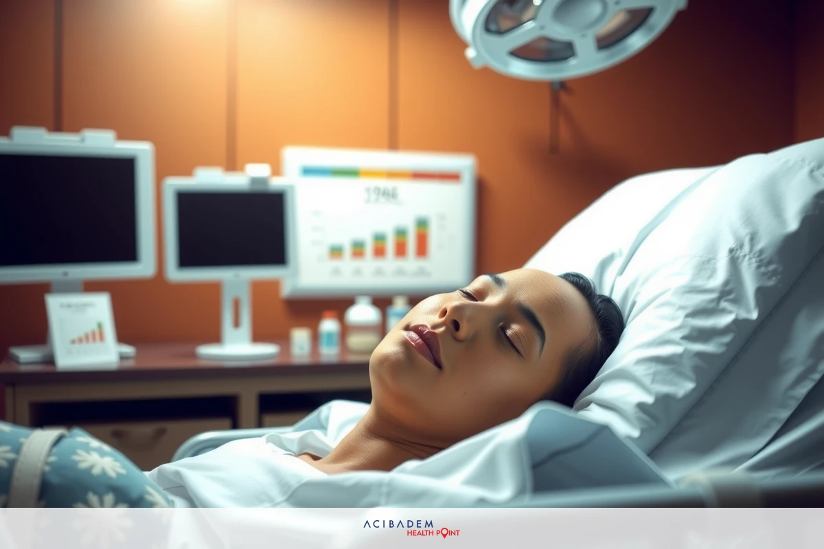 The image shows a hospital room setting with medical equipment and monitors. A person is lying in a hospital bed, appearing calm and resting. The room has an orange wall, typical of hospital environments.