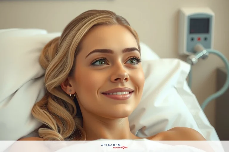 How to Reduce Swelling in Face After Rhinoplasty A woman is lying in a hospital bed with medical equipment attached to her. She has blonde hair and is smiling at the camera, appearing relaxed despite being in a healthcare setting.