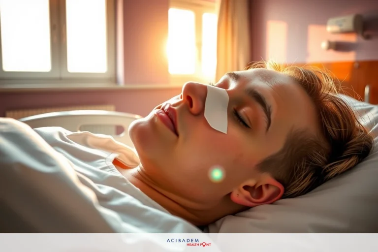 Can Rhinoplasty Cause Snoring? An image of a person lying in a hospital bed with a bandage on their face. The individual appears to be asleep, and the room has natural light coming through the windows.