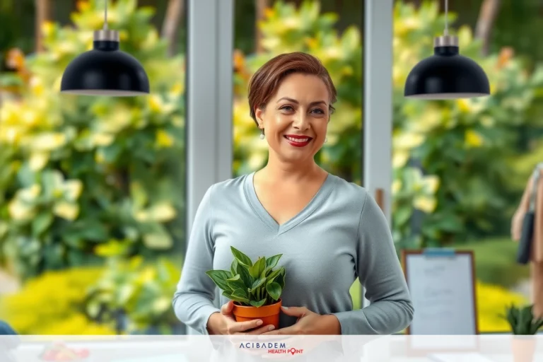 A woman smiling at the camera, holding a potted plant in her hands. She is standing indoors with natural light coming through large windows that open to an outdoor garden. Her attire suggests she is casual and comfortable in this setting. The scene gives off a warm and inviting atmosphere.