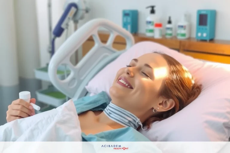 Can You Blow Your Nose After Sinus Surgery? The image shows a smiling woman lying in a hospital bed, possibly after surgery. She has a medical equipment around her, indicating she is in a clinical setting. The color palette of the image is predominantly cool tones with blues and whites, which can suggest cleanliness and sterility common in healthcare environments.