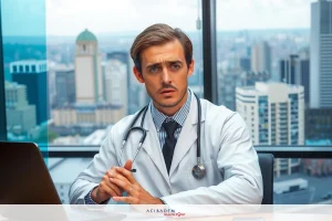 This is an image of a young male doctor dressed in a white coat and tie, sitting at his desk with a laptop. He appears to be focused on the screen while looking upwards, suggesting he's deep in thought or reviewing medical information.