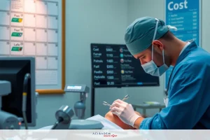 The image shows a medical environment with a surgeon dressed in professional attire. The surgeon is sitting at a workstation equipped for surgical procedures, featuring various medical devices and screens that are typical of an operating theater.