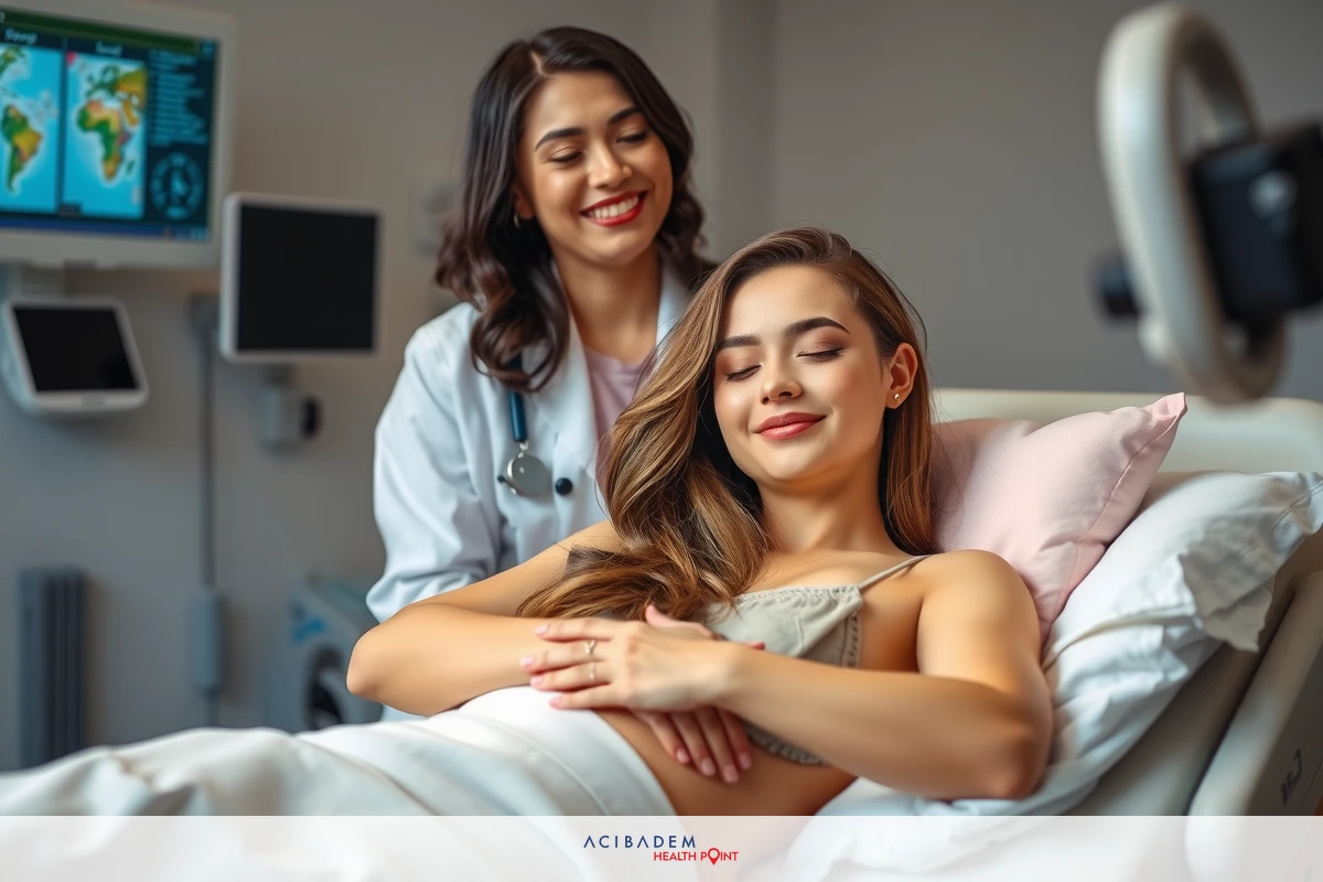 The image features a medical setting with two women. A doctor, identifiable by her professional attire and stethoscope, is performing an examination on a patient lying in a hospital bed. Both are smiling, suggesting a positive interaction during the routine check-up.