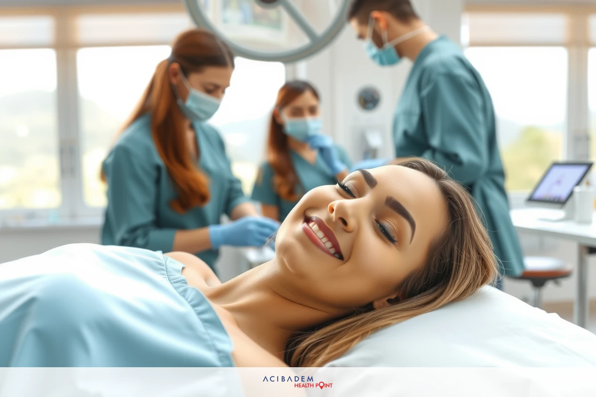 A woman in a hospital gown smiling at the camera, with medical professionals standing around her. The setting is a clean, well-lit operating room.