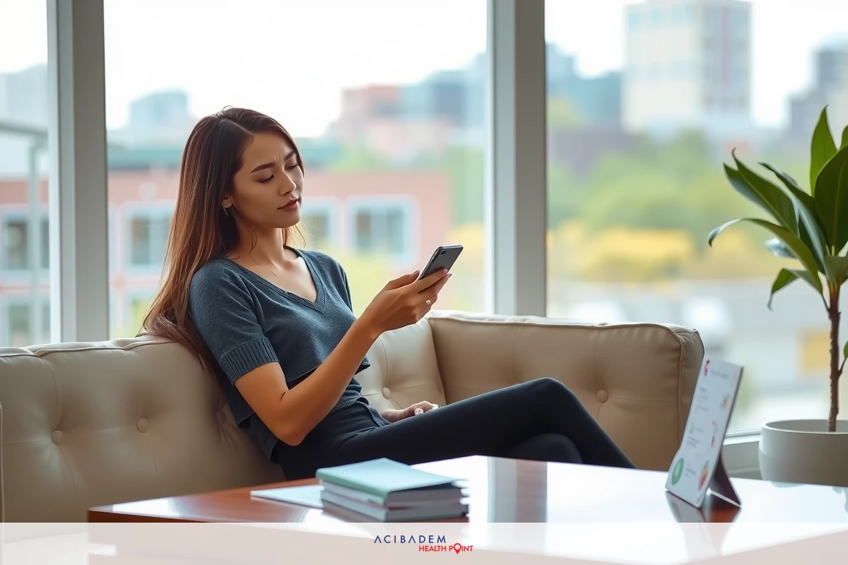 A woman is sitting on a couch in an office. She is using her smartphone and appears to be looking at it. The setting suggests a modern, well-lit environment with ample natural light coming through the windows. The woman is dressed in business casual attire.