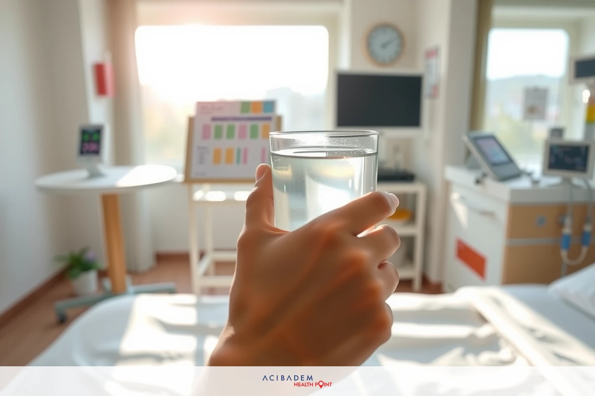 The image captures a moment of positivity in a healthcare setting. A human hand, visible from the wrist up, is raising a glass of water towards the camera as if cheering or offering a toast. The room has a bright and airy atmosphere, with natural light streaming in through windows on one side of the image. The interior is clean and functional, suggesting a well-maintained environment.