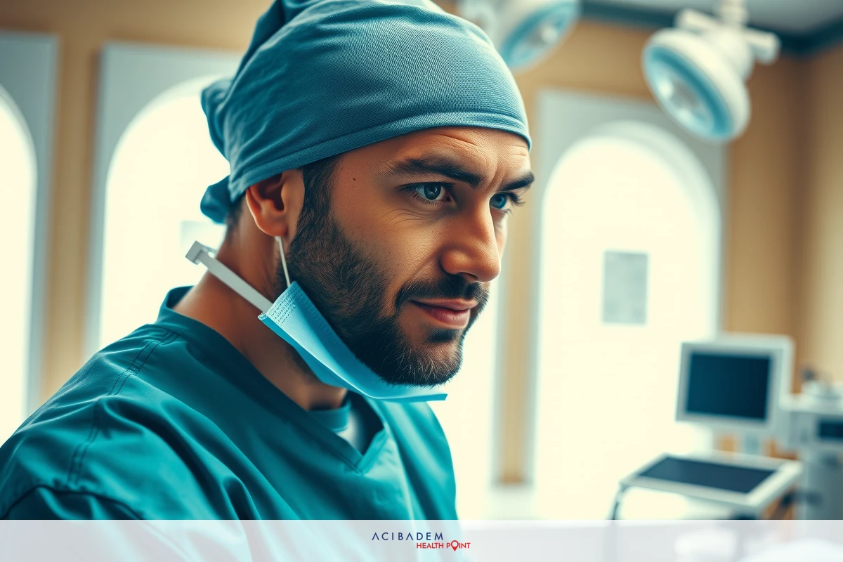 Man dressed in surgical gown, surgical mask and blue scrubs looking at computer screen, operating room environment. He appears to be possibly preparing for surgery.