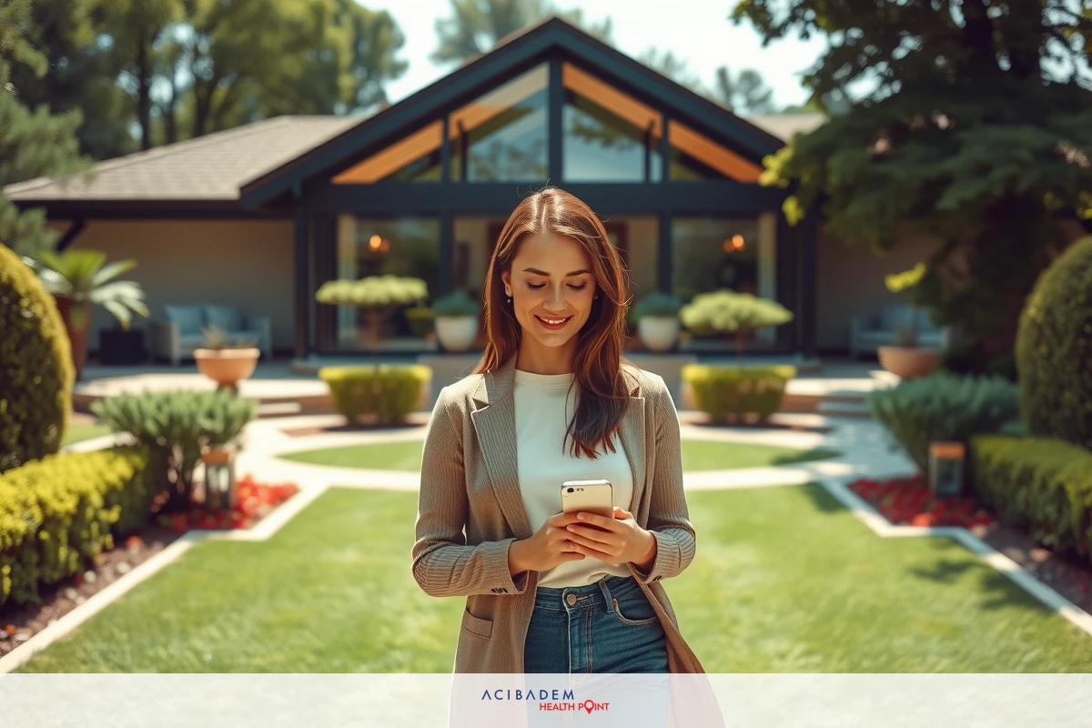 The image is a photograph of a woman standing in the foreground, holding a smartphone and smiling. She appears to be dressed casually, with blue jeans and a brown top. Behind her, there's an upscale residential setting featuring a house with a large front yard landscaped with lawn and garden areas. The architecture has modern design elements with clean lines and ample natural light, suggesting a well-kept property.