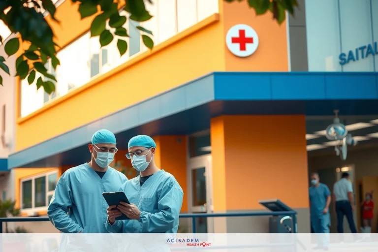 Two healthcare professionals, possibly doctors, standing in front of a building. One of them is holding a tablet and appears to be showing something to the other. They are wearing surgical masks, indicating their focus on patient care and hygiene.
