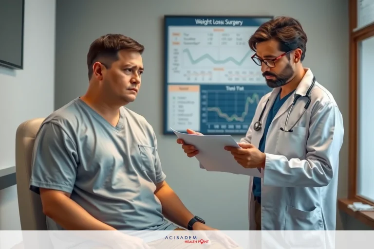 Can Gastric Bypass Be Reversed? The picture depicts a clinic setting with two men present. One man is wearing medical scrubs and appears to be listening intently, while the other man, who seems to be a doctor, is speaking with a clipboard in hand, possibly discussing test results or treatment options.