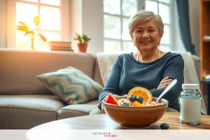 The image shows an older woman sitting on a sofa indoors with her arms crossed. She is wearing a dark-colored top and has a warm smile on her face. In front of her on the coffee table, there are several fruits, including oranges and blueberries, arranged in a bowl along with some yogurt. The environment appears to be a comfortable living room setting with natural lighting coming through windows that suggest it is daytime.