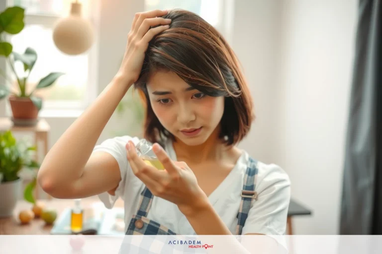 Why Does Your Hair Fall Out After Bariatric Surgery? A woman in a white shirt and plaid apron, touching her head with her hand, standing in the kitchen near the window. She has short dark hair, holding a yellow object. She looks anxiously at what she is holding in her hand.