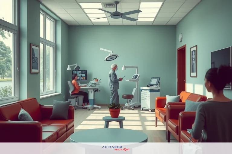 A medical office with a patient waiting area featuring red sofas, a coffee table and an open floor plan connecting the reception to examination rooms.