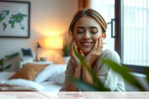 A woman sitting on a bed in her bedroom, with a smile on her face. She is resting her chin thoughtfully on her hand, creating an atmosphere of relaxation and contentment.