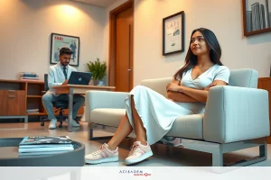 In a professional office setting, a woman sits in an armchair with her legs crossed, smiling and looking off to the side. She wears a white dress and pink sneakers. A man is seated at a desk using a laptop, while another desk holds various items including books and decorative objects. The office has modern furniture with neutral colors.