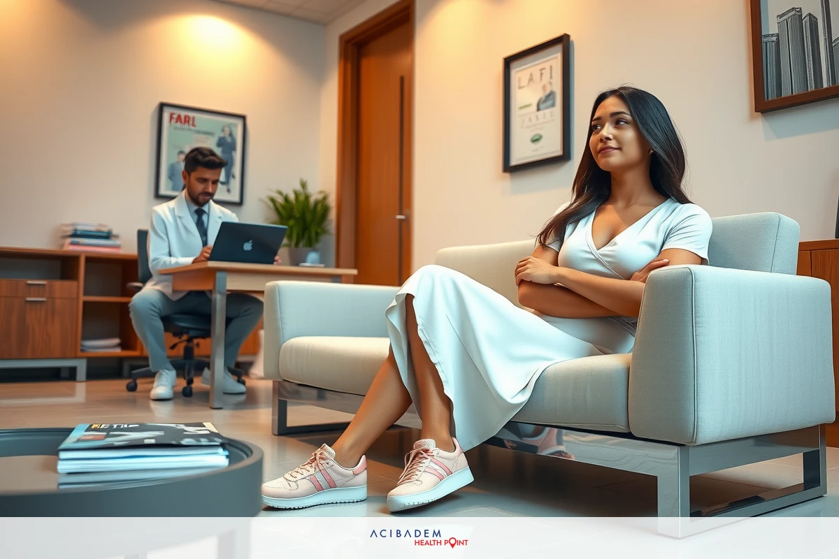 In a professional office setting, a woman sits in an armchair with her legs crossed, smiling and looking off to the side. She wears a white dress and pink sneakers. A man is seated at a desk using a laptop, while another desk holds various items including books and decorative objects. The office has modern furniture with neutral colors.