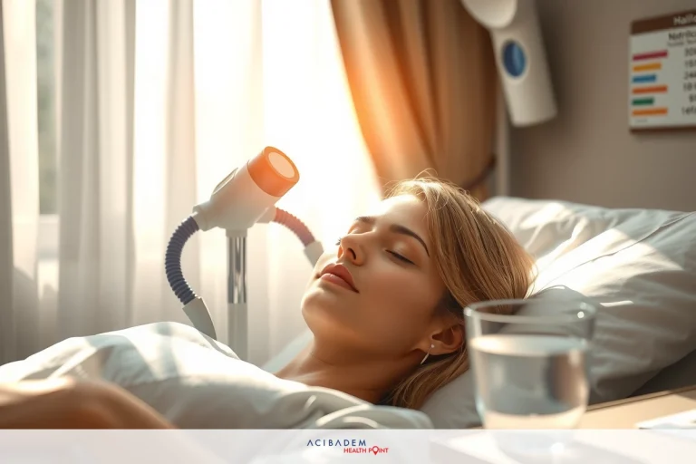 How Long is The Recovery for a Rhinoplasty A woman lying in a hospital bed, connected to medical equipment, with light reflecting off a window. She appears relaxed and comfortable.