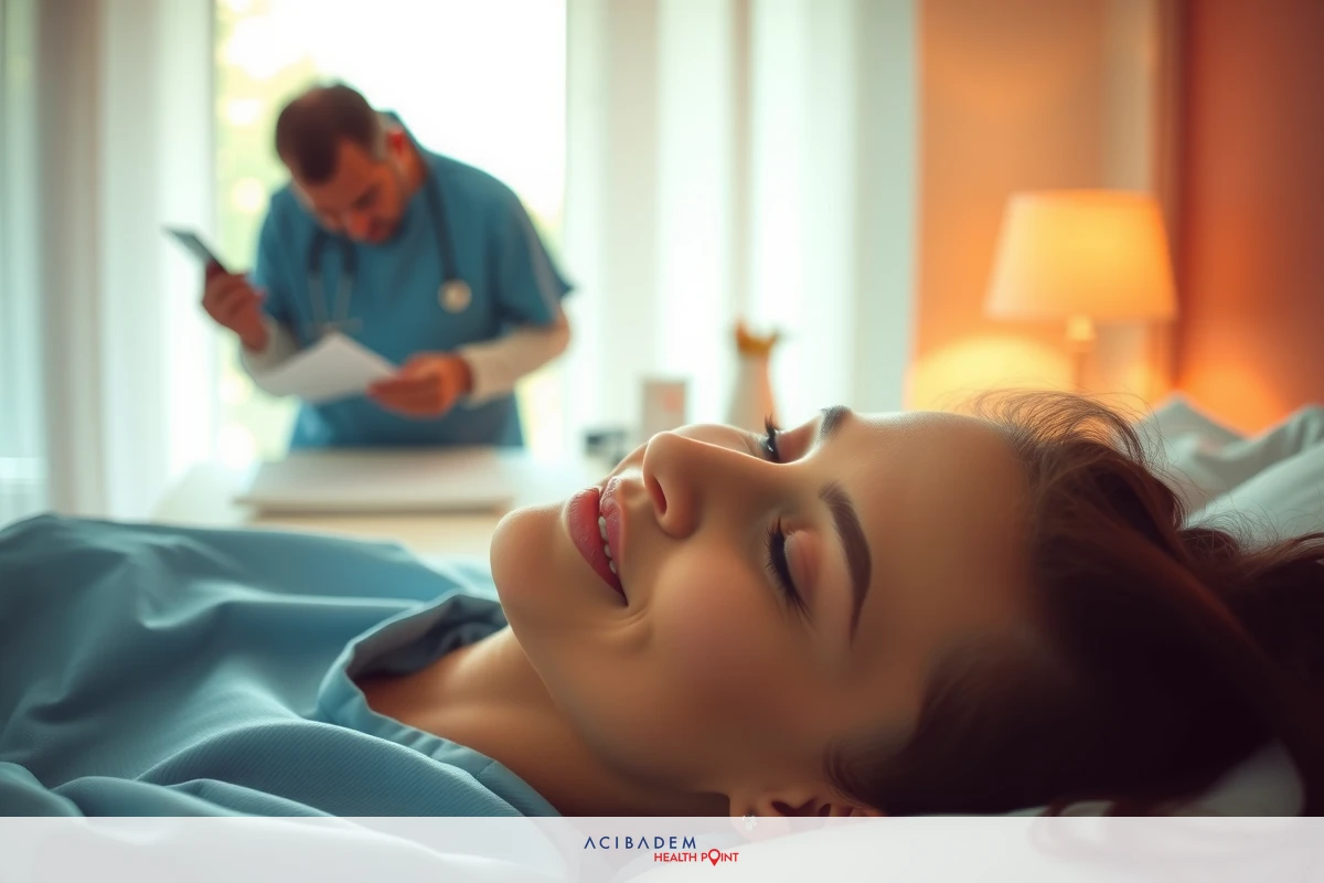 A woman in a hospital bed, smiling at the camera while being attended to by a doctor. The environment suggests a calm and professional healthcare setting.