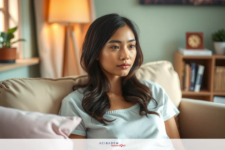 The image shows a woman seated on a beige couch. She appears to be deep in thought or perhaps listening intently, as suggested by her focused gaze and neutral expression. Her hair is styled in loose waves. The room has an overall warm tone with muted colors, including the light brown sofa, the cream-colored wall, and a soft pink accent pillow on the couch.