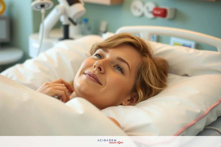 The image shows a smiling woman lying on a hospital bed. She is appears to be undergoing medical care. The environment suggests she's in a healthcare facility with medical equipment nearby.