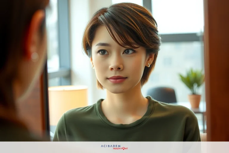 A woman with a short haircut sitting in an office environment looking into the mirror. The person's reflection can be seen in the mirror, indicating they are facing the woman. The setting includes typical office furnishings such as a desk and chairs.