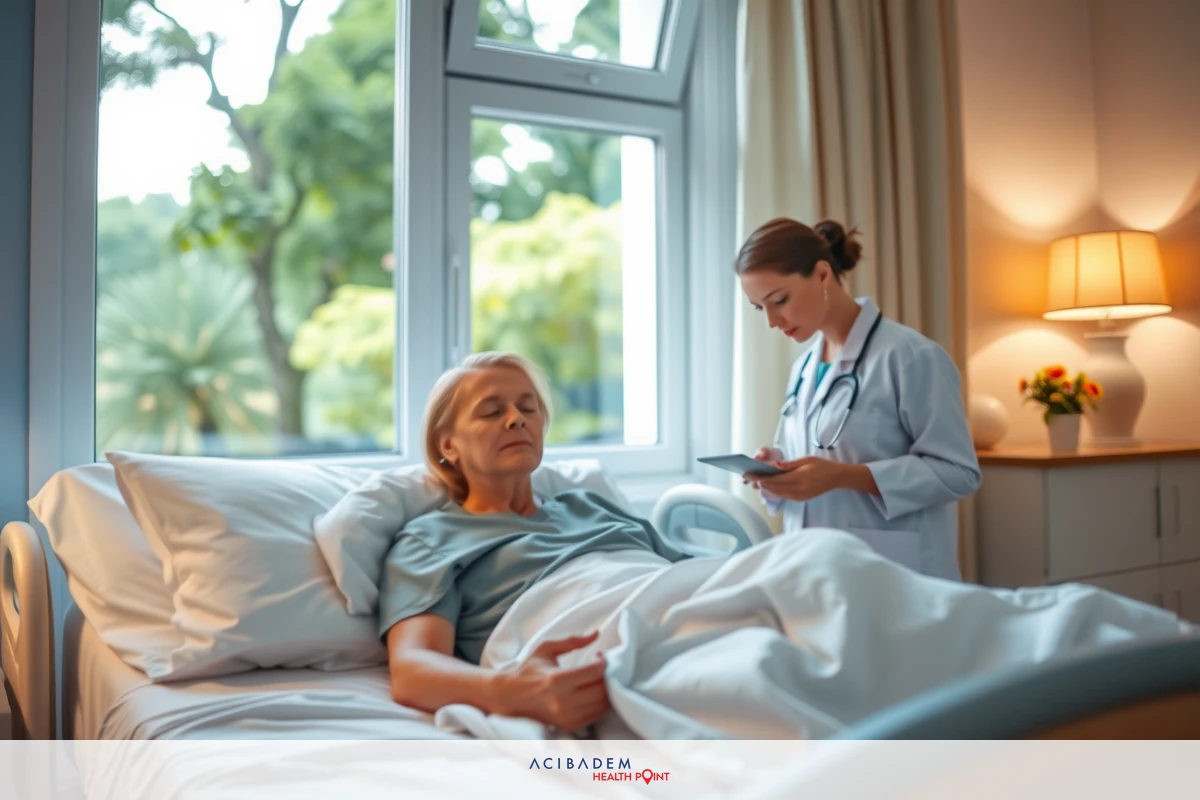 The image shows a healthcare professional, likely a nurse or a doctor, checking on the condition of an elderly patient who is lying in a hospital bed. The room appears to be well-lit and has large windows allowing natural light to enter. The focus of the scene is on compassionate care, as indicated by the attentive gaze of the healthcare worker towards the patient.