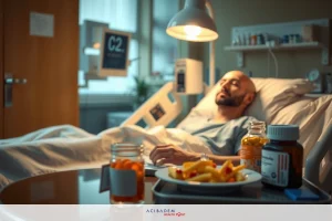A man in a hospital bed, wearing a surgical gown. Around him are various medical items including bottles, pills and a spoon.