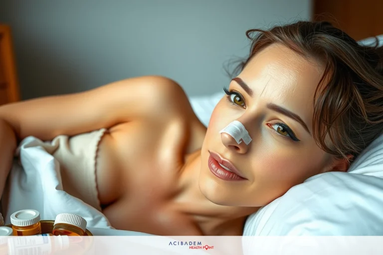 How Long Does Swelling Last After Open Rhinoplasty A woman lying in bed with her eyes closed, possibly sick or resting. There is a bottle of medicine on the bed beside her.