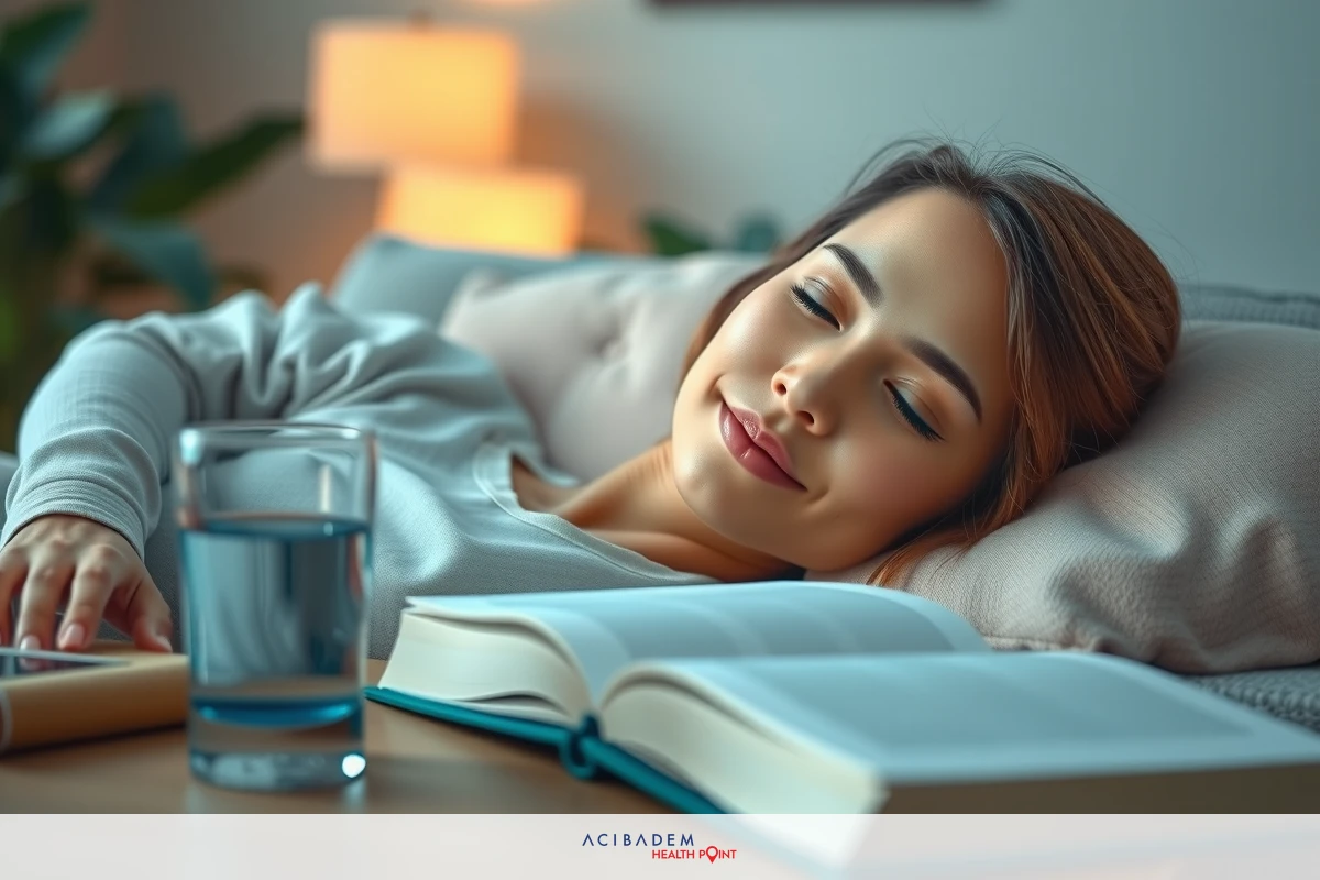 A woman with closed eyes is asleep on a couch, lying down with her head resting on a pillow. Beside her are a book and a glass of water, suggesting she was reading before falling asleep.